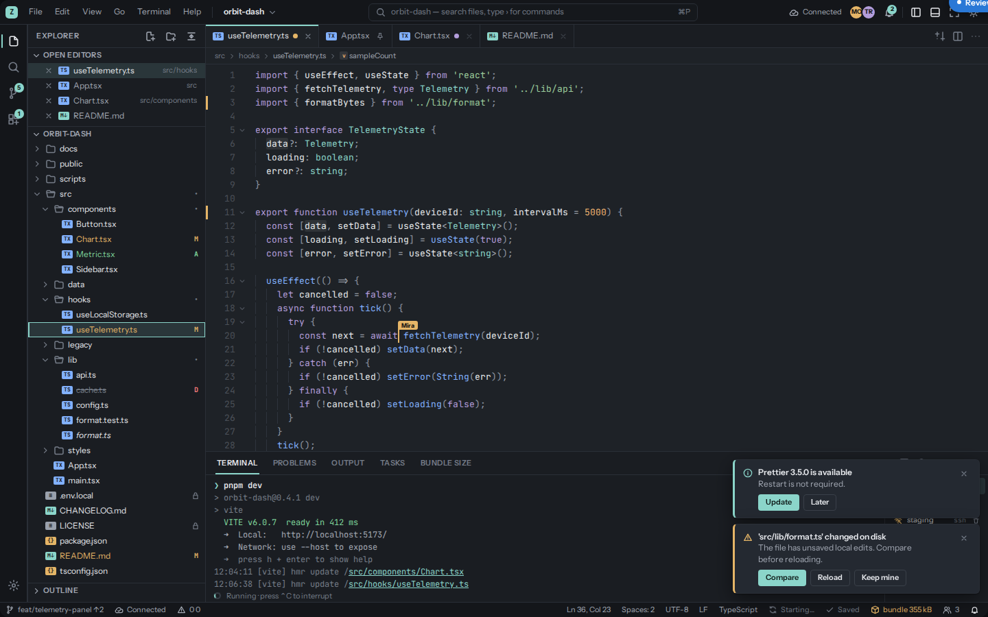 Oxbit editing a TypeScript project with the explorer, editor, and terminal panels open